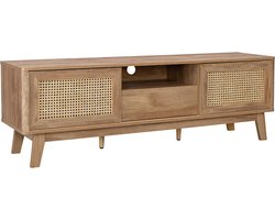 sweeek - Tv-meubel met schuifdeuren, gesloten kastje, plank met hout- en rietmotief, 150cm