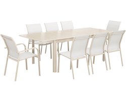 sweeek - Uitschuifbare tuintafel van aluminium en textileen, 8 stoelen, waarvan 2 met armleuning, 236,5 x 100 x 75 cm