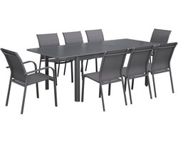 sweeek - Uitschuifbare tuintafel van aluminium en textileen, 8 stoelen, waarvan 2 met armleuning, 236,5 x 100 x 75 cm