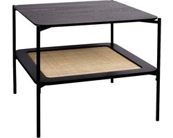 sweeek - Vierkante vintage salontafel met dubbele bladen in houtlook en vlechtwerk, voet en structuur in zwart metaal