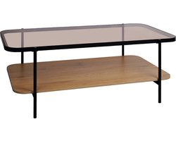 sweeek - Vintage salontafel in zwart metaal met 2 bladen (glas en houtdecor), afgeronde randen
