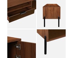 sweeek - Vintage walnoot tv-meubel met houteffect, afwerking met rookkleurig glas, metalen poten en handgrepen, l 151,5 x 38 x 44,7cm