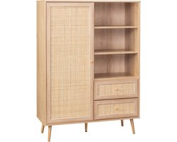 sweeek - Wandkast met 1 deur 2 lades 3 open vakken houtdecor en rotan 101,5cm - bohème