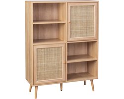 sweeek - Wandkast met 2 deuren 4 open vakken houtdecor en rotan 90cm - bohème