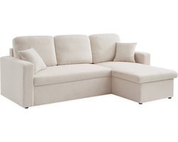 sweeek - Witte bouclé stoffen hoekbank - ida - 3-zits, omkeerbare hoekfauteuil met opbergruimte en modulaire slaapfunctie