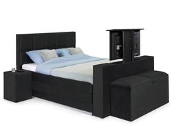 Sweet Sleep Elektrische Boxspring compleet - 140x190 - Incl. 2 Hockers, TV-Lift, Bedbank met opbergruimte & 8-Vlaks Hoofdbord – Monolith Antraciet