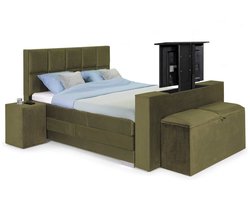 Sweet Sleep Elektrische Boxspring compleet - 140x190 - Incl. 2 Hockers, TV-Lift, Bedbank met opbergruimte & 8-Vlaks Hoofdbord – Monolith Groen