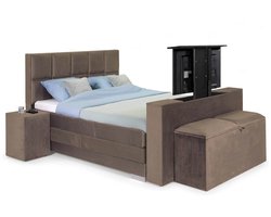 Sweet Sleep Elektrische Boxspring compleet - 140x200 - Incl. 2 Hockers, TV-Lift, Bedbank met opbergruimte & 8-Vlaks Hoofdbord – Monolith Taupe