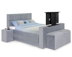 Sweet Sleep Elektrische Boxspring compleet - 180x220 - Incl. 2 Hockers, TV-Lift, Bedbank met opbergruimte & 8-Vlaks Hoofdbord – Monolith Grijs