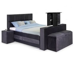 Sweet Sleep Elektrische Boxspring compleet - 200x190 - Incl. 2 Hockers, TV-Lift, Bedbank met opbergruimte & 8-Vlaks Hoofdbord – Monolith Donkergrijs