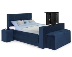 Sweet Sleep Elektrische Boxspring compleet - 200x220 - Incl. 2 Hockers, TV-Lift, Bedbank met opbergruimte & 8-Vlaks Hoofdbord – Monolith Blauw