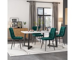 Sweiko 117cm Eettafel met 4-stoelen set, rechthoekige eettafel moderne keuken tafel set, eetkamer stoel donkergroene fluweel keuken stoel, zwarte tafelpoten