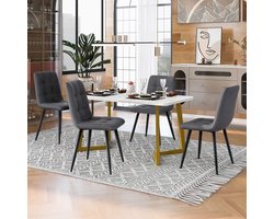 Sweiko 117cm Eettafel met 4 Stoelen Set, Rechthoekige Eettafel Moderne Keukentafel Set, Donkergrijze Linnen Eetstoel, Gouden Tafelpoten