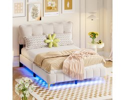 Sweiko 140 x 200 cm Gestoffeerd bed, Jeugdbed, Tweepersoonsbed met LED verlichting, fluwelen stof met Flat noedles frame, hoge metalen voeten Beige (matras niet inbegrepen)