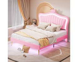 Sweiko 140 x 200 cm Gestoffeerd bed, Meisjesbedframe, Kroon PU lederen dubbel bedframe, met LED verlichting, Flat noedles frame en rugleuning (excl. matras) Roze