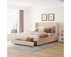 Sweiko 140 x 200 cm Gestoffeerd bed, Tweepersoonsbed met Platte Noedelslijst, Rugleuning en grote lade, Beige professioneel linnen tweepersoonsbed voor volwassenen en tieners(Geen matras)