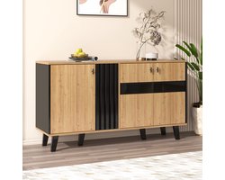 Sweiko 140 x 78 x 41 cm dressoir, kleurgecoördineerd design dressoir in hout en zwart met opbergruimte, kast met LED licht en glas