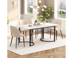 Sweiko 140 x 80cm eettafel, (1-delig), Moderne eettafel, Metalen frame rechthoekige eettafel, moderne marmeren patroon eettafel, met verstelbare voeten, geschikt voor eetkamer en woonkamer, Wit/Zwart