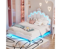 Sweiko 140*200cm Vlak tweepersoonsbed, kroonvormig prinsessenbed, zachte PU lederen bekleding, verstelbare LED omgevingslichtstrip, Wit