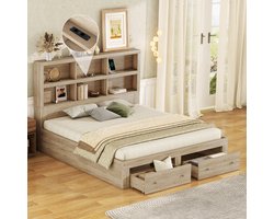 Sweiko 160*200cm Tweepersoonsbed, Massief hout, Plateau bed met 2 laden aan de voet van het bed, hoofdeinde met Opbergruimte, Natuurlijk