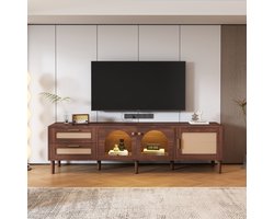 Sweiko 180cm Bruine tv-kast, Geschikt Voor 80-inch tv's, Uitgerust met 2-rieten laden, 2-glazen deuren en 1-rieten deur, LED-verlichting, die stijlvolle opbergruimte en tv-paneel biedt, Bruin
