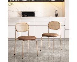 Sweiko 2-set eetkamerstoel, moderne, eenvoudige vrijetijdsstoel met vier metalen steunpoten, rotan vrijetijdsstoel, woonkamer en slaapkamer stoel, bruin