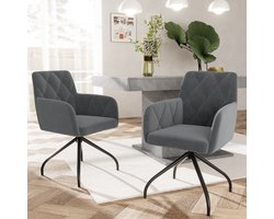 Sweiko 2 sets van 360° Roterende Diamant Patroon Eetkamerstoelen, Kussens Fauteuils met 4-metalen poten, moderne vrijetijdsstoelen, slaapkamer en woonkamer stoelen, studio, lendensteun, Fluweel, Koolgrijs(excl. tafel)