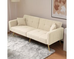 Sweiko 2-zits Bank - Slaapbank - Verstelbare rugleuning - Gouden poten - met Kussens - Beige