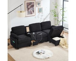 Sweiko 3-zits bank - 2 bekerhouders - Hoekbank - Met lades - USB/Type-C-poorten - Corduroy - Zwart