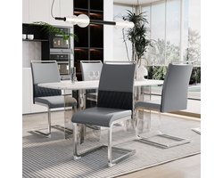 Sweiko 4-delige Eetkamerstoel set, PU Synthetisch Leer en linnen rugleuning, hoge rugleuning kussen zijstoel, kruisgestreepte rugleuning ontwerp voor restaurants, keukens en hotels, Grijs(excl. tafel)