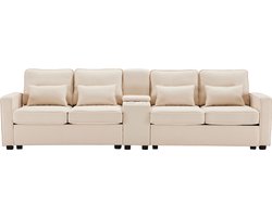 Sweiko 4-zitsbank in linnen stof met console, 2 bekerhouders en 2 USB-poorten, met armleuningzakken en 4 kussens, moderne minimalistische stijl, beige