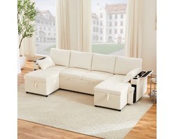 Sweiko 4-zitsbank - U-vormige hoekbank - Met bekerhouders - 2 kussens - Opbergruimte - Slaapfunctie - Beige