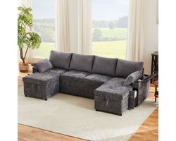 Sweiko 4-zitsbank - U-vormige hoekbank - Met bekerhouders - 2 kussens - Opbergruimte - Slaapfunctie - Grijs