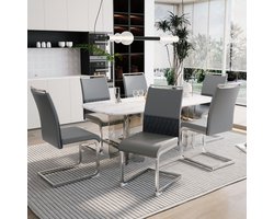 Sweiko 6-delige Eetkamerstoel set, PU Synthetisch Leer en Linnen Rugleuning, Hoge rugleuning kussen zijstoel, kruisgestreepte rugleuning ontwerp voor eten, keuken en hotel stoelen, Grijs(excl. tafel)