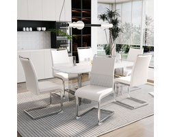 Sweiko 6-delige Eetkamerstoel set, PU Synthetisch Leer en Linnen Rugleuning, Hoge rugleuning kussen zijstoel, kruisgestreepte rugleuning ontwerp voor eten, keuken en hotel stoelen, Wit(excl. tafel)