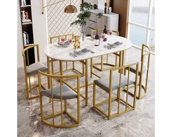 Sweiko 6-stoel Eettafel set, (Witte eettafel, Stoelen met rugleuning en Grijs interieur, Goud ijzeren frame), eettafel en stoel set, moderne eettafel combinatie