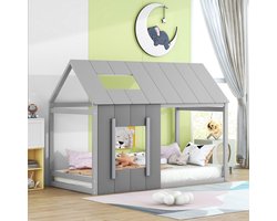 Sweiko 90 x 200cm Kinderbed, Huisvormig kinderbed, Eenpersoonsbed met Dak en Raam, Grijs