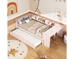 Sweiko 90*200cm Eenpersoonsbed, Kinderbed, met Uitschuifbaar bed, met Bureau, 3 planken aan de zijkant van het bed, Roze