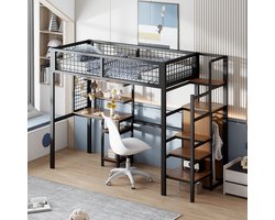 Sweiko 90x200cm Stapelbed Voor Kinderen, met Veiligheidsladder,Ijzeren Frame Kast en computer bureau, babybedje met opbergruimte,Zwart (Geen matras)