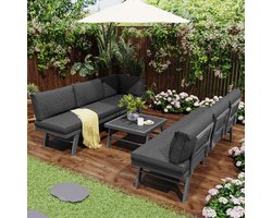 Sweiko Aluminium tuinloungeset, tuinmeubelset, loungeset voor 5-6 personen, 2-hoekbanken, 1-tafel inclusief 11-donkergrijs kussens, wit aluminium frame met beschermvoeten