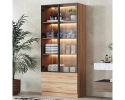 Sweiko Badkamerkast - met verlichting - 75cm breed - met 2 grote lades + 2 glazen deuren - natuurlijke