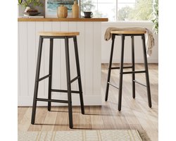 Sweiko Barkruk - Set van 2 - Houtlook - Metalen frame - 2 voetsteunen - Zwart