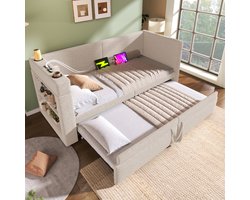 Sweiko Bed - Slaapbank - 90 x 200 cm - Met uitschuifbaar bed - USB/Type-C - 2 bekerhouder - Linnen - Beige