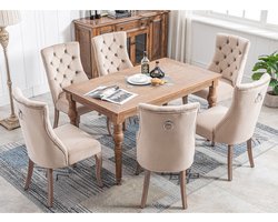 Sweiko Beige Fluweel Hoge Rugleuning Eetkamerstoelen Set van 6,Solid Wood Frame, Knop Quilting Chic Stijl, Stabiele Structuur, Meerdere gebruiksscenario's, Gemakkelijk te bouwen, Ergonomische 4-Legged Stoel
