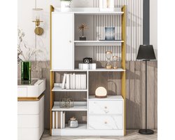 Sweiko Boekenkast, 6-planken, verticale planken met deuren en lades, industriële planken, stalen planken, wit gemarmerd met gouden frame