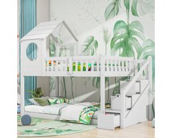 Sweiko Boomhuis kinderbed, boven- en onderbedden, stapelbed, dakvormig kinderbed, ladderkast, kinderdennenfamiliebed, 90 x 200 cm, geen matras, wit