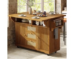 Sweiko Buffetkast - Eettafel - Met wielen - Opklapbaar tafelblad - 3 lades - Met kruidenrek - Bruin