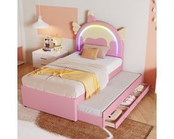 Sweiko Cartoon Kinderbed 90*200cm, Eenhoorn vorm, met LED verlichting, Uitgerust met Uitschuifbaar roll-out bed, PU materiaal, Roze