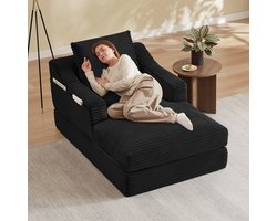 Sweiko Chaise longue - Corduroy - Fauteuil - Eenpersoonsbank - Met rugkussen - Geen montage nodig - Zwart