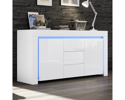 Sweiko Dressoir - 3 lades - 140*40*65 cm - Hoogglans - LED-verlichting - Wit